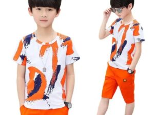 A boy wearing orange and white apparel